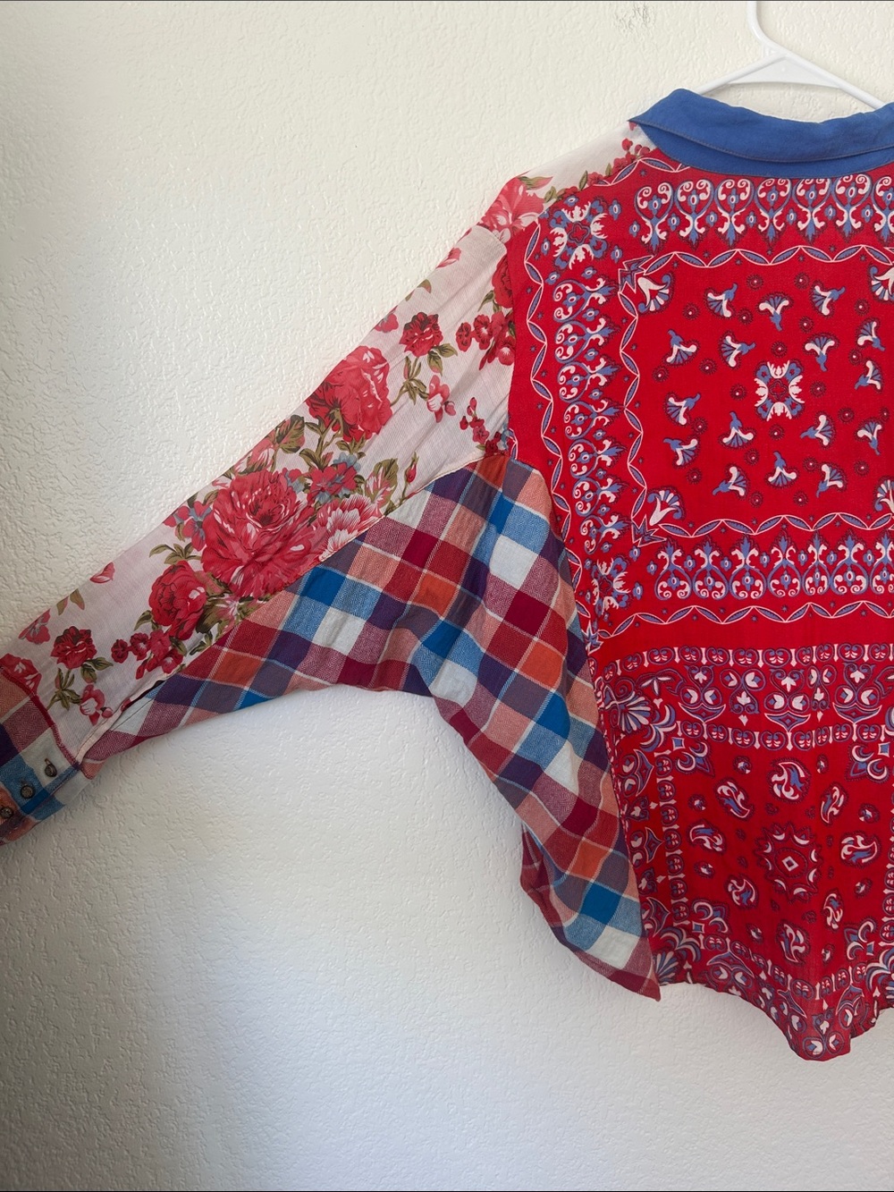 Mixed-Print Floral & Plaid Button-Up Blouse - Red/Blue - Picture 9 of 10
